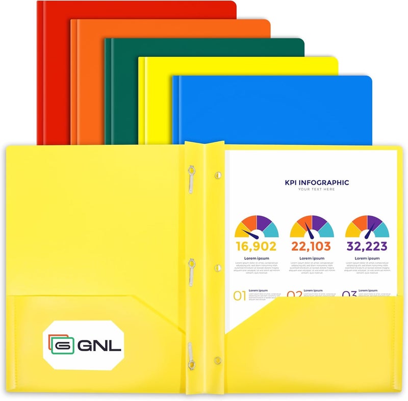 Gnl Plastic Folders with Pockets and Prong, Pack of 5, Colored Heavy Duty 2 Pocket File Folders Letter Size, Folders with Prongs for School, Home, and Office - Image 1